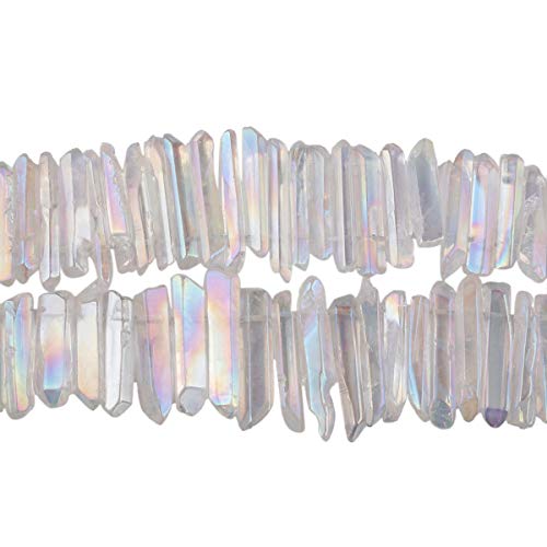 TUMBEELLUWA Rock Quartz Crystal Points Loose Beads for Jewelry Making, Titanium Coated Polished / Raw Quartz Points Beads 15 Inches Top Drilled,Angel Aura Crystal Points(0.5"-1.6")
