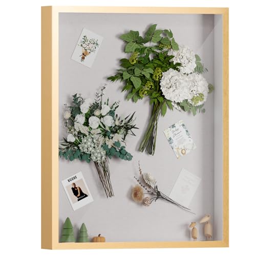 Image of Muzilife 16x20 Large Shadow Box Wood Picture Frame, Tempered Glass, Gold | FSC-Certified MDF | Soft Acid-free Linen Board | Removable Inner Frame | Wall-Mount Display Cases | For Photos and Keepsakes