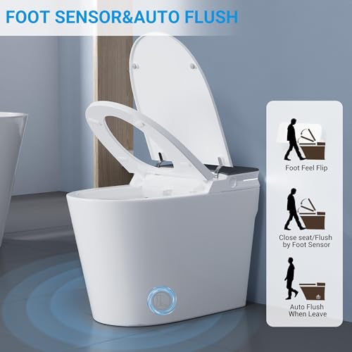 Smart One-Piece Toilet with Heated Seat, Instant Warm Water Bidet, Air Dryer, Auto Flush, Foot Sensor Flush, Seat Sensor Flush, White Ambient Light, Manual Open Lid, Comfortable for Modern Bathrooms
