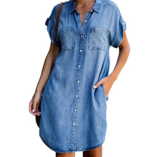 IEFIEL Femme Jean Robe Denim Manche Courte Robe Mini Été Décontracté Grande Taille Tuniques Chemisier Ample d'été Quotidienne Boutonné S-5XL Bleu Clair M