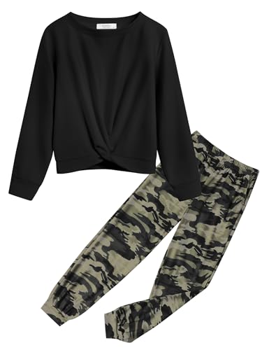 Image of Arshiner Girls 2 Piece Outfits Fashion Fall Tracksuit Sweatsuit Sets | Twist Front Long Sleeve Pullover Sweatshirt and Jogger Sweatpants with Pockets