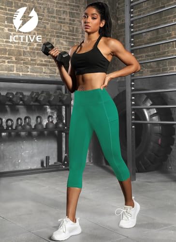 Fihapyli ICTIVE Women's Capris Yoga Pants with Pockets Running Pilates Fitness Running High Waisted Leggings DarkGreen M — view 6