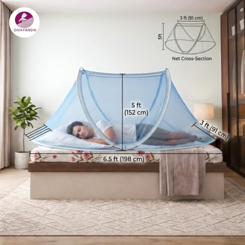 Image of Divayanshi Foldable Mosquito Net for Single Bed (3 * 6.5 ft) | Pop-Up Bed Tent with Zipper | Lightweight Polyester Mesh | Easy Folding & Washable | Insect & Mosquito Protection for Bedroom-Blue