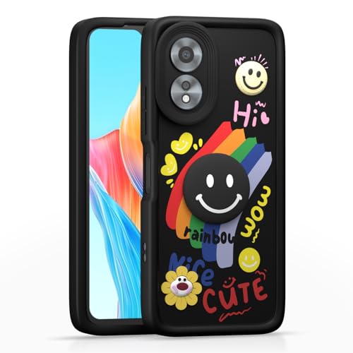 Image of Pikkme Back Cover for Oppo A38 4G / Oppo A18 4G | Soft Silicone| Cute Rainbow Smile & 3D Cartoon Flower Design | Shockproof Raised Camera Protection Bumper Case (Black)