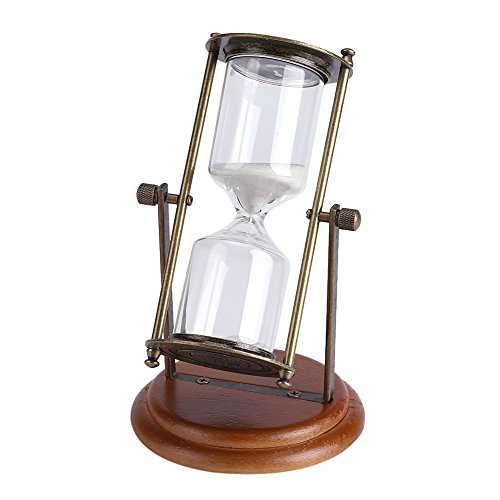 Fdit 15 Minutes Hourglass Metal Glass Rotating Sand Timer with Wooden Base