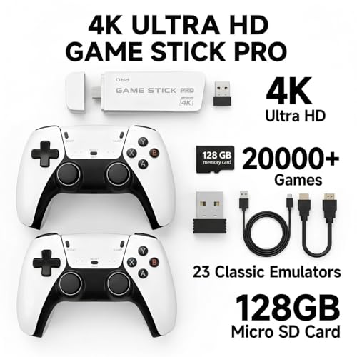 Retro Gaming Console 2026 Edition Built-in 128GB Storage Supports 20,000+ Classic Games Dual Wireless Controllers 4K HDMI TV Stick Plug-and-Play Nostalgic Gaming System
