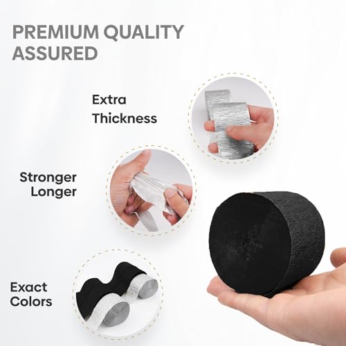 Image of 6 Silver Black Crepe Paper Streamers, 492ft Pack of Party Decorations | Each roll is 82 ft long and 1.8 Inch wide ideal for Birthday Party Decor, Wedding Decorations and Educational Ceremony