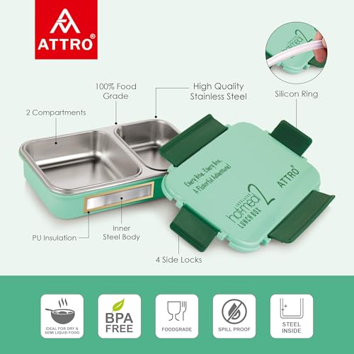 Image of ATTRO Hot-Meal 2 Insulated Lunch Box with 2 Compartment, Inner Stainless Steel & Locking Lid BPA-Free Food Grade Ideal for School, Office - 800ml Green