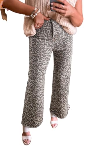 Women's High Waist Brown Leopard Frayed Edge Wide Leg Jeans