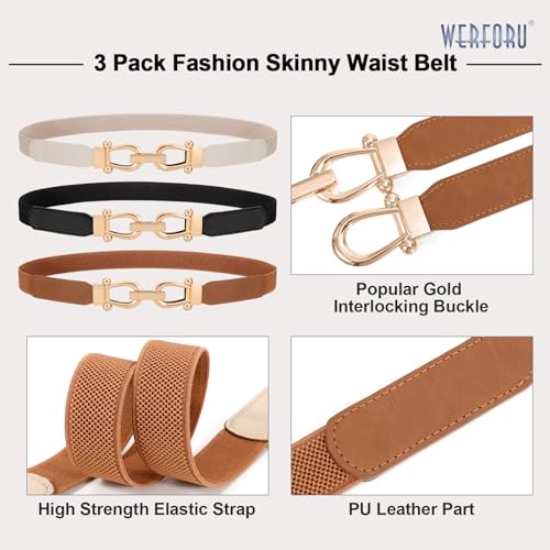 WERFORU 3 Pack Women Skinny Elastic Waist Belt Gold Buckle Stretchy Thin Belt for Jeans Dress3