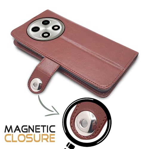 Image of Pikkme Oppo A2 Pro 5G Flip Cover Leather Finish | Inside TPU with Card Pockets | Wallet Stand and Shock Proof | Complete Protection Button Flip Case (Brown)