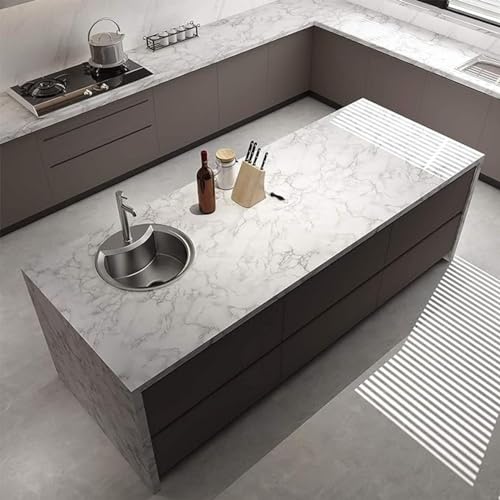 Image of Kitchen Cabinets Marble Wallpaper Roll for Home & Kitchen Decor - Oil Proof Waterproof Self Adhesive Wall Paper Sticker for Floor Tiles, Countertop, Cupboard, Drawer (60 * 200 cm) (White Marble, 10)