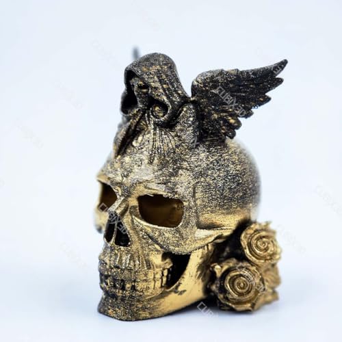 Image of Gothic Skull Showpiece with Angel & Roses | 3D Printed Golden Black Figurine | Halloween Decoration, Horror Collectible & Gothic Home Decor - 11 cm