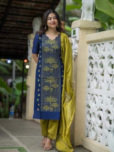 Image of GoSriKi Kurta Sets for Women Viscose Blend Printed | Kurta Pant Dupatta Set | Straight Kurti Set for Women | Pan Shape Neck Elbow Sleeve Ethnic Suit | Designer Indian Kurti Outfit with Pants