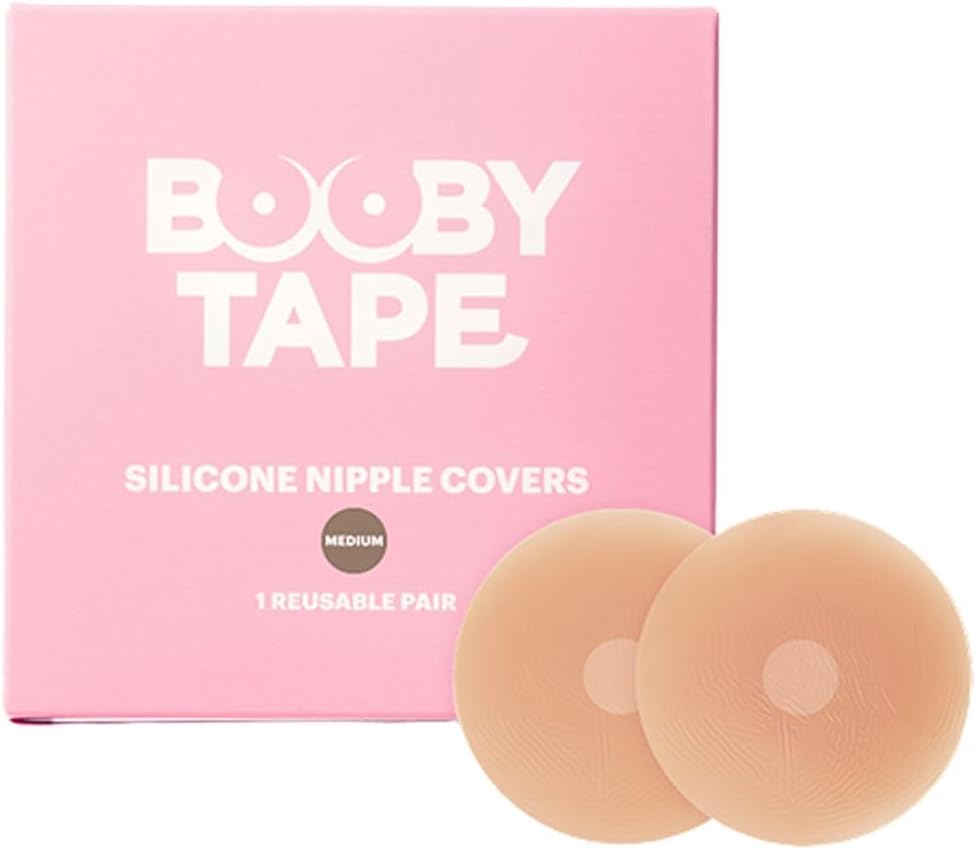 Booby Tape Reusable Silicone Nipple Covers with Added Fabric for Extra Protection and Comfort, Smooth and Seamless Under Any Clothing, Washable and Latex Free, Up to 25 Uses, Medium