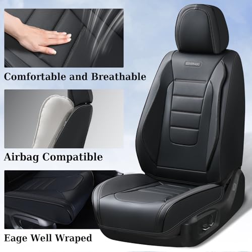 Image of Coverado Seat Covers, Car Seat Covers Front Seats, Car Seat Protector Waterproof, Car Seat Cover, Car Seat Cushion Nappa Leather, Black Seat Covers for Cars Carseat Cover Universal Fit for Most Cars