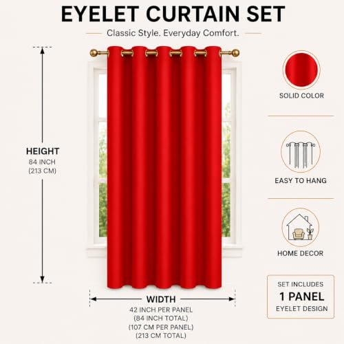 Image of Polyester Eyelet Door Curtain, Solid Plain Light Filtering Curtain for Bedroom, Living Room & Home Office, 7 Feet (84 x 48 Inch), Red, Pack of 1