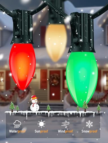 Image of C9 LED Christmas Lights Outdoor 25Ft Outdoor Christmas Decorations String Lights Waterproof with 26 C9 LED Red White and Green Bulbs, Hanging Vintage Christmas Light for Garden Party Pathway Roofline