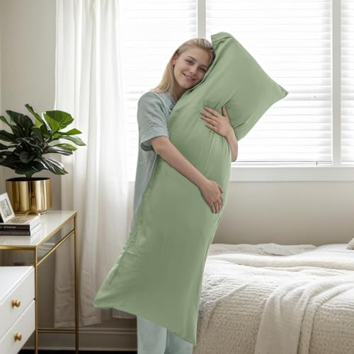 Image of Body Cooling Pillow Cases Cover, Bamboo Rayon Green Body Pillowcases with Zipper Closure, Cool and Breathable Pillow Case for Hot Sleepers and Night Sweats, 20x54 inches