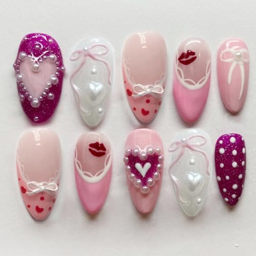 30Pcs Valentines Press on Nails Medium Almond Shaped Fake Nails w...