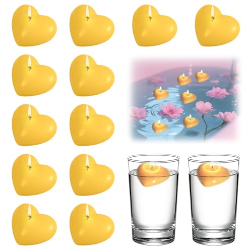 12 velas flotantes en forma de corazón, impermeables, grandes, 50 x 45 x 28 mm, duración de combustión aproximada, para bodas, piscinas, San Valentín, Navidad, decoración (amarillo)