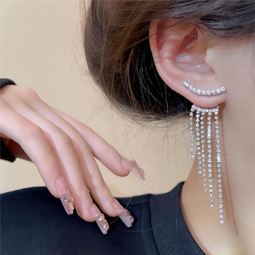 Long Tassel Earrings for Women Sparkle Rhinestone Silver Prom Dress Earring Dangly Crystal Front Back Climber Ear Stud For Wedding Birthday Party Dresses Outfits Jewelry4
