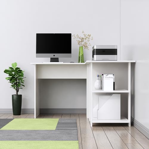 Image of Bniture Wooden Study Table for Home | Engineered Wood Study Table with Shelf Storage | L Shape Multi Purpose Computer Desk for Writing & Study | Laptop Table for Study Room & Office | Frosty White