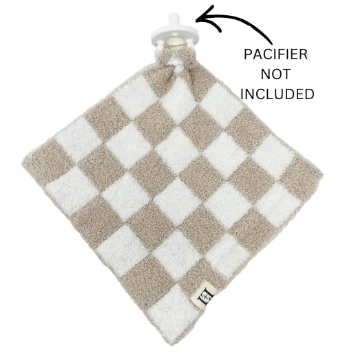 Image of L+L USA Checkered Baby Lovey Pacifier /Teether Holder 10 inchx10 inch - DreamSoft Plush Fluffy Cuddly Soothie Reversible Mini Comfort Blanket - Cute Newborn Gift Essential Babies Boys Girls (Tan /White)