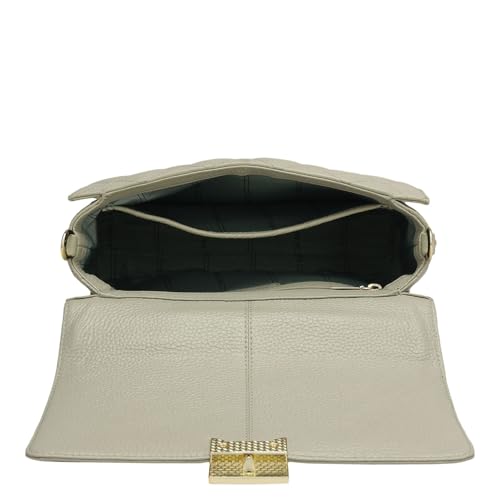 Image of Da Milano Leather Satchel for Women - Khaki | Genuine Leather Handbag with Push Lock, Top Handle & Detachable Strap