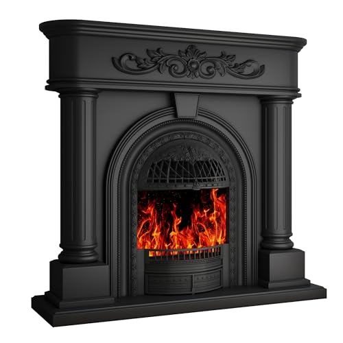 Image of Electric Fireplace with Mantel, Solid Wood Black TV Stand with Fireplace for Living Room,Black Birdcage Fire Place Heater with Roman Column Design for Bedroom