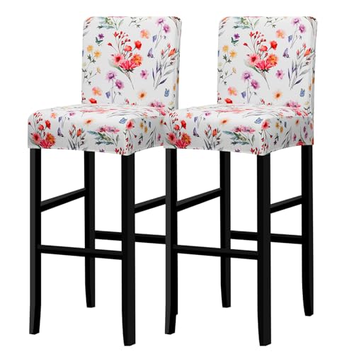 Image of Lellen Floral Bar Stool Covers Set of 2- Spring Bar Stool Chair Cover with Backs,Barstool Covers Slipcovers,Stretch Barstool Seat Covers,Chair Protector Covers for Kitchen Dining Room Counter Island