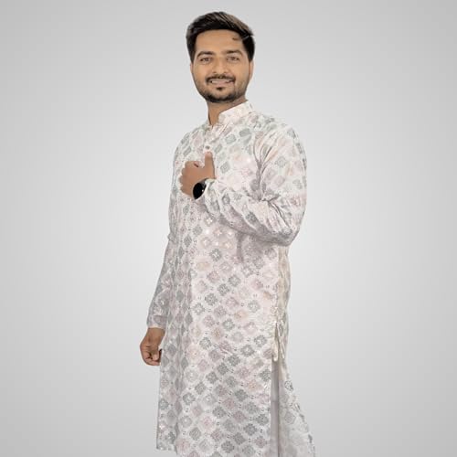 Image of KNETLI Men's Kurta | Button Down Short Kaftan Side Split | Knee Length Jubba Cotton Ethnic Wear Long Sleeve White Kurta 42 Inches