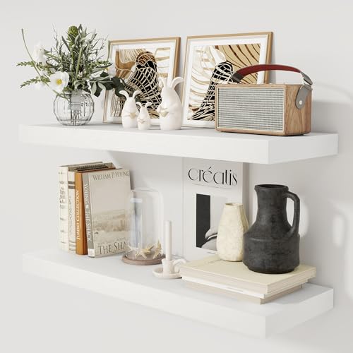 White Floating Shelves 36 Inch Long, 12 Inch Deep Floating Shelves for Wall, 36 x 12 Shelves for Wall Storage & Display, 2