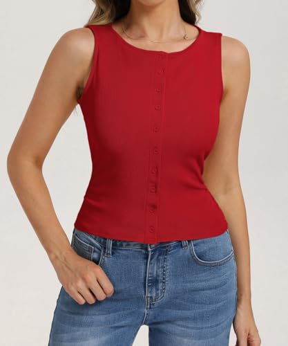 Image of Belle Poque Womens Button Down Tank Tops Ribbed Summer Vest Slim Fit Crop Going Out Tops Open Front Sleeveless Y2K Clothes