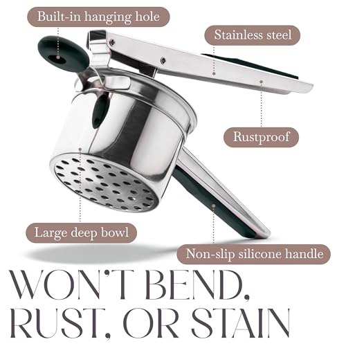 Bellemain 15 oz Large Potato Ricer | Heavy-Duty Stainless Steel Potato Ricer & Masher | Perfect for Mashed Potatoes | Kitchen Tool with 3 Interchangeable Discs (Black)