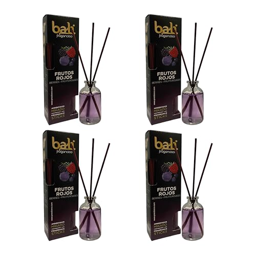 Pack de 4 Bali fragancias Ambientador Mikado FRUTOS ROJOS Difusor con varillas de ratán para tu salón, comedor o cualquier estancia de tu hogar, fragancias seleccionadas, Aromaterapia, Perfumado