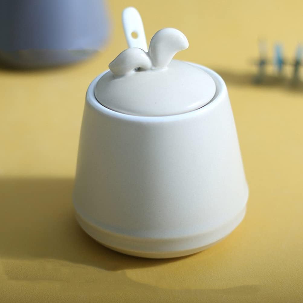 Porcelain Condiment Jar Spice Container with Leaves Lids Ceramic Serving Spoon and Tray Best Pottery Cruet Pot for Home Kitchen Counter