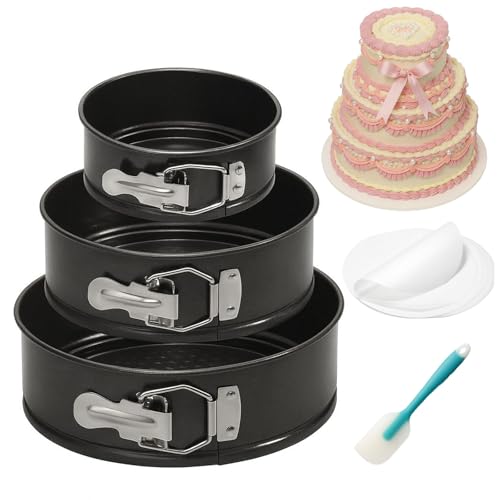 OAMCEG Backformen Springform Set 3 Stück – 10cm/18cm/22cm Runde Kuchenform aus Kohlenstoffstahl, Antihaftbeschichte & Auslaufsicher – Käsekuchenform mit 50 Pergament Backpapier & 1 Silikonspatel