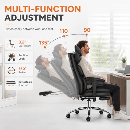 Image of Big and Tall Ergonomic Office Chair with Footrest, Executive High Back PU Leather Desk Chair, Reclining Computer Chair with Adjustable Lumbar Support and Armrests, Swivel Rolling Gaming Chair, Black