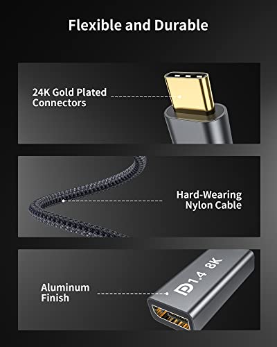 Silkland Adaptador USB C a DisplayPort 1.4, DP 1.4 [8K@60Hz, 4K@144Hz/120Hz, 2K@240Hz, 32.4Gbps] Adaptador 8K Thunderbolt 4/3 a DisplayPort 1.4 para MacBook Pro 2021, Mac Mini M1, iPad Pro, XPS 15/13