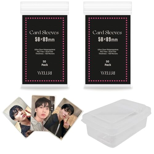WELLRI 100 Pcs Photocard Sleeves with Storage Case Kpop Photocard Holder 58 x 89mm Standard Idol Album Photo Card Clear Sleeves Trading Card Protector (100 PCS & 1 Box)