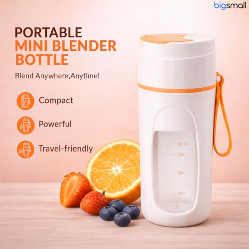 Image of Bigsmall Portable & Rechargeable Smoothie Blender Leak-Proof Lid - For Smoothies, Juices, Milkshakes, Baby Food, Ice Crushing & More (340ml) - 10 Stainless Steel Blades- (Orange)