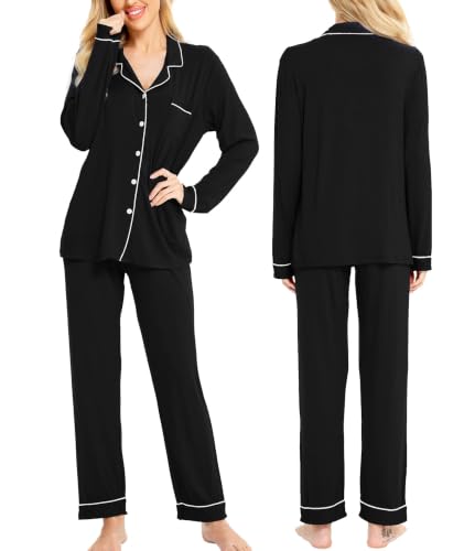 Image of SWOMOG Womens Pajamas Set Long Sleeve Sleepwear Button Down Nightwear Soft Cotton Pj Lounge Sets