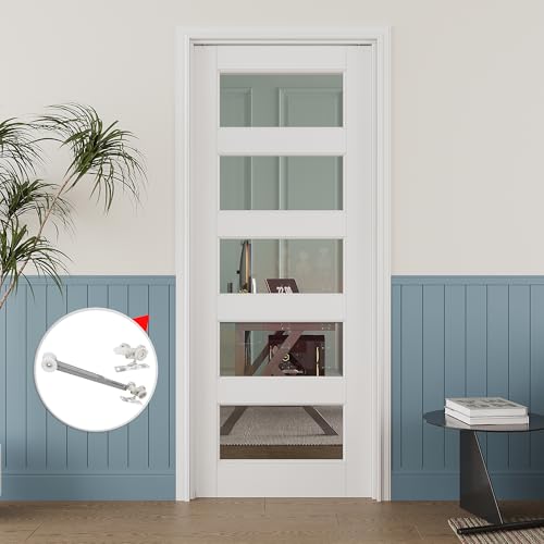 Image of 32 inch x 80 inch 5-Lite Clear Glass Pocket Door, Soft-Close Sliding Pocket Door with Frame & Hardware Kit Set, Primed All-Inclusive Interior Door Slab for Home, White, Need to Assemble