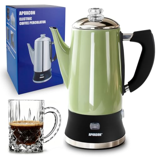 Image of APOXCON Electric Coffee Percolator Stainless Steel Coffee Maker with Glass Knob & Keep Warm Elegant Coffee Pot with On /OFF Switch - No Aluminum No Plastic Contact with Beverage Green (12 Cup)