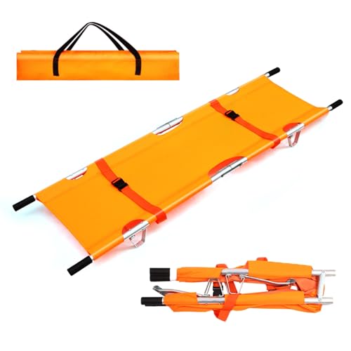 Folding Medical Emergency Stretcher, Portable Aluminum Alloy Ambulance Stretcher with Heavy-Duty Handles, Straps, and Carrying Bag for Secure Patient Transport - Orange