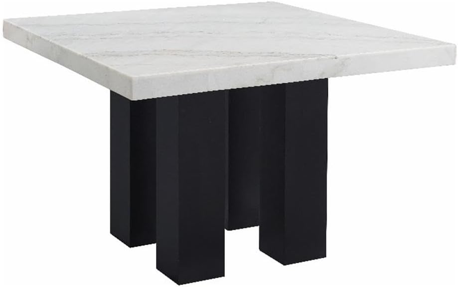 Pemberly Row Contemporary 7-Piece Dining Set, 54 in Square White Marble Table, Blue Velvet Counter Chairs with Silver Nailhead Trim, Modern Style for Dining Room Elegance