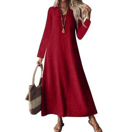 Vestido Manga Larga Mujer Largo Fiesta Moda Primavera Vestidos Estampados Coctel Ropa Mujer a Line Encaje Dresses Simple Sexy Navidad 2#Vino M