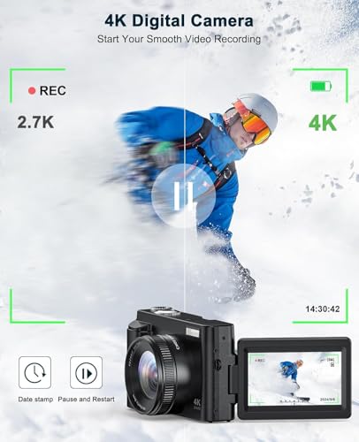 Image of 48MP 4K Digital Camera for Photography & Video, Autofocus, Anti-Shake, 16X Zoom, 3 inch 180 Flip Screen, Vlogging Camera for YouTube with Flash, 32GB Card & Battery Charger - Black
