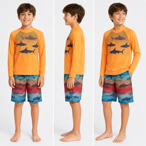 Image of Big Chill Boys Rash Guard Set - 2 Piece UPF 50+ Boys Swim Trunks & Long Sleeve Boy Swim Shirt Youth Bathing Suit Swimwear Set